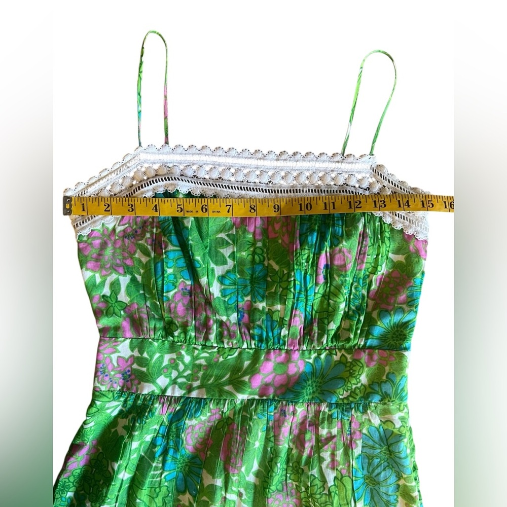 MILLY Green Pink Floral Garden Sun Dress Lace Trim *As Seen on Dexter TV* Sz 2 - Picture 10 of 14